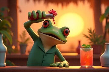  Cartoon frog bartender cheerfully pouring tropical drink against sunset tiki bar background