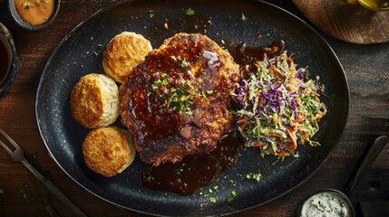 A Southern comfort food platter featuring chicken fried steak, biscuits, and a side of coleslaw.