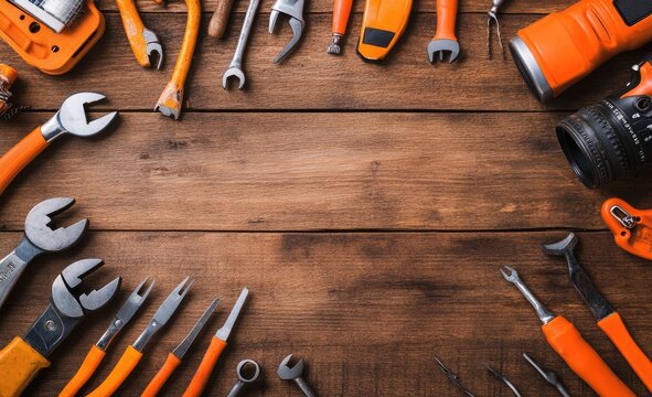 Assorted tools arranged on a wooden surface (3)