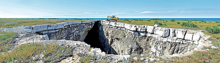 A large fissure in the ground extends across a landscape, with machinery present, showing signs of geological activity near the coastline. - obrazy, fototapety, plakaty