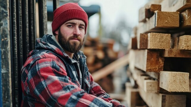A lumber yard worker operating a forklift - Powered by Adobe