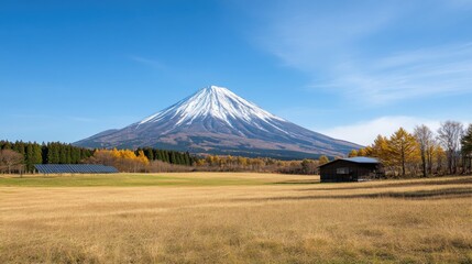 Majestic Snow-Capped Mountain Beneath Clear Blue Sky with Green Meadow and Golden Trees Surrounding