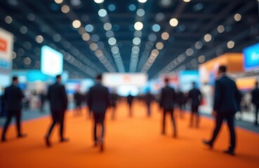 Blurred image business conference. People walking exposition, expo. Modern interior design, orange carpet. Blurred bokeh lights. Business meeting. Conference hall. Trade show, exhibition, convention.