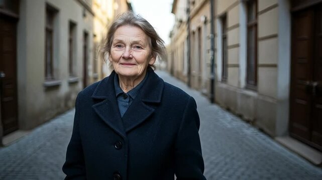 Elderly woman walking slowly through a narrow cobblestone alley  