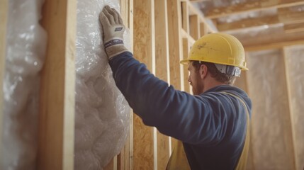 A construction worker placing insulation between wall studs. Featuring attention to detail and expertise
