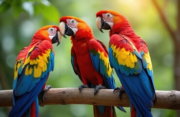 Obraz premium Illustration vibrant macaws perched on branch, vivid red yellow blue plumage. Tropical birds in wild. Image suitable for travel, nature themes, ideal for posters, postcards, websites.
