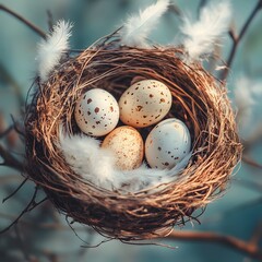 Obraz premium Nest with speckled eggs in a tree