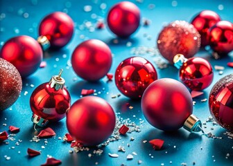 Macro Photography: Festive Red Christmas Ornaments, Whole & Broken, Blue Background