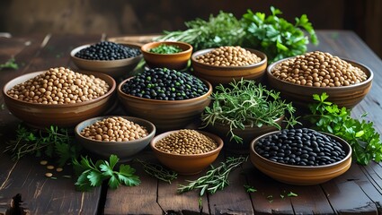 Fototapeta premium Organic Legume Display Featuring Lentils, Beans, and Herbs