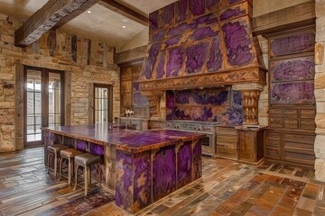 A luxurious kitchen featuring a striking purple design, stone walls, and rustic wood accents, creating a unique and elegant atmosphere.