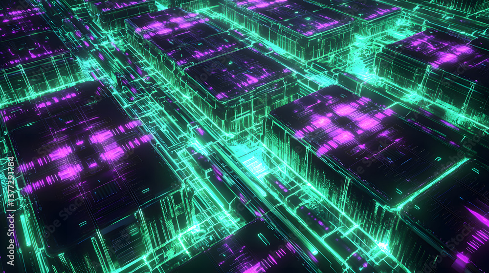 Poster visualizing cloud computing and decentralized systems with neon background wallpaper in a digital en