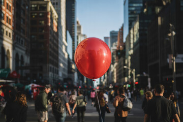 Fototapeta premium Red balloon floating through city
