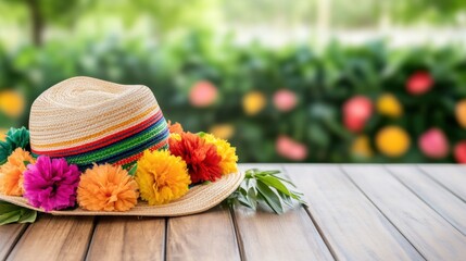 Colorful Summer Hat with Flowers on a Wooden Table Against a Blurred Garden Background