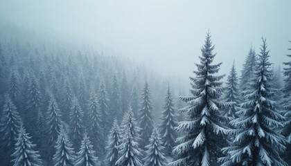 Winter landscape illustration with snow gently falling over dense pine forest. Snow-covered trees, tranquil scene, fresh cold air. Mountain forest in fog creating tranquil mood. Nature, season,