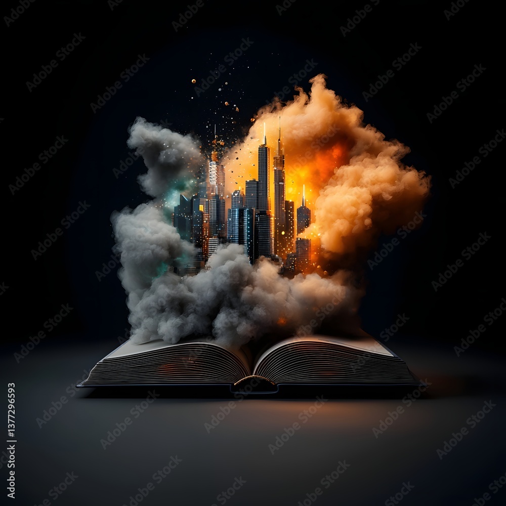 Poster an open book acts as a gateway to a vibrant data driven cityscape intricate holographic visualizatio