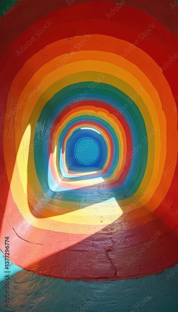 Poster Colorful tunnel with concentric rainbow circles creates vibrant visual path. Surreal design of vibrant path. Journey to bright future abstract design. Futuristic travel concept. Modern art.