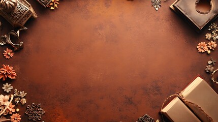 Decorative objects and floral arrangements around brown textured background