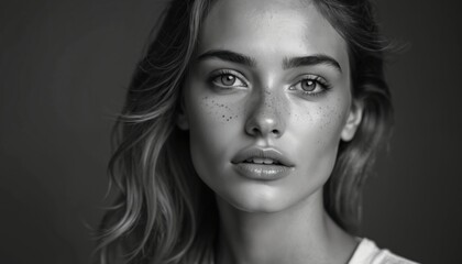 Fototapeta premium Black and white portrait of stunning caucasian woman. Beautiful face, expressive eyes, light skin, freckles. Sensual lips, soft hair. Perfect model. Glamour portrait, beauty, fashion, studio shot.