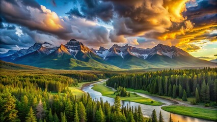 Majestic Clouds Embrace Bow Valley Parkway Mountain Peaks, Alberta, Canada