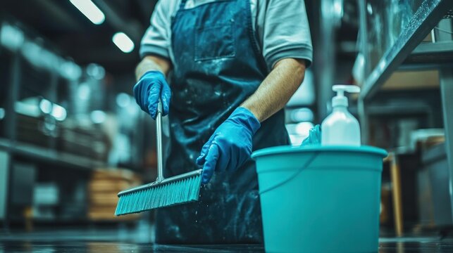 Factory worker cleaning with brush and bucket