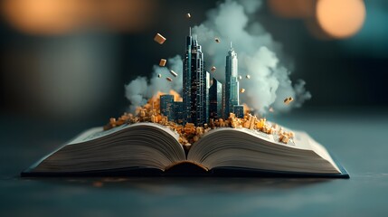 Fototapeta premium An open book floats its pages filled with intricate data visualizations that spill out into a dreamlike cinematic cityscape of towering skyscrapers and a surreal cyberpunk inspired urban landscape