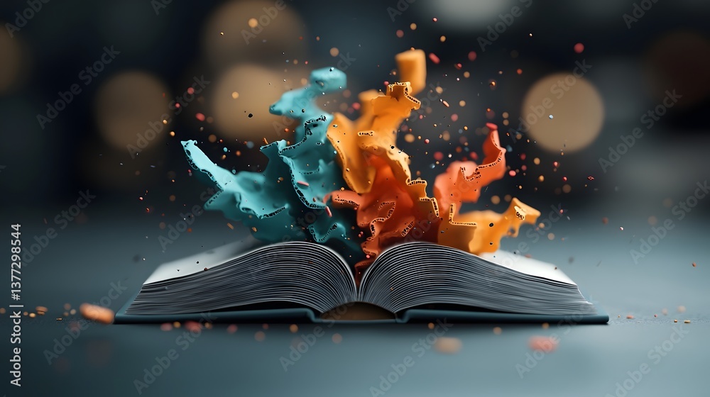 Poster an open book representing knowledge and information emanates vibrant abstract data streams that flow