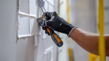 A construction worker sealing joints with caulk on a wall. Featuring attention to detail and care