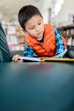Young Boy Reading a Book in Library.