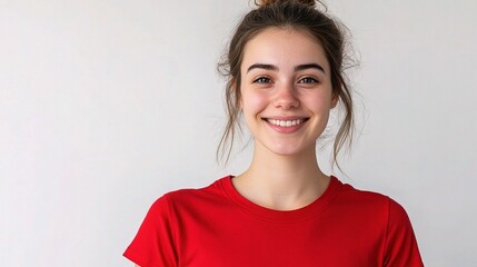 Fototapeta premium Cheerful Young Woman in Red Shirt with Bright Smile Against White Background