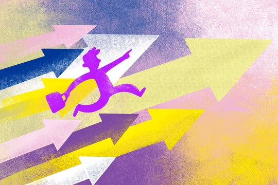 Businessman running up the arrows