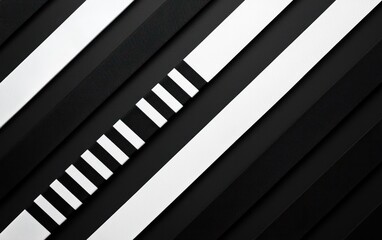 Obraz premium Abstract image of black and white stripes on a dark background. The stripes are arranged in a diagonal pattern, creating a visually interesting texture and geometric design. The image has a modern