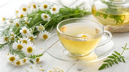 Chamomile Tea in a Clear Glass Cup With Fresh Flowers on a Wooden Table