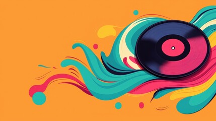 A vibrant, abstract representation of a vinyl record surrounded by colorful swirling patterns on an orange background.