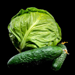 Fresh Cabbage and Cucumber on Black Background