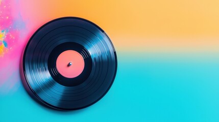 A colorful background features a vinyl record, highlighting retro music elements with a modern twist.