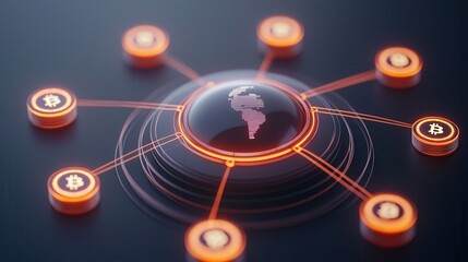 A digital representation of a globe interconnected with cryptocurrency symbols, highlighting Africa's role in the blockchain and digital finance landscape.