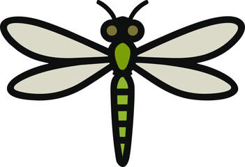 Stylized Dragonfly Illustration, This charming, stylized illustration features a dragonfly with a playful design. The dragonfly has a bright green body and bold black outlines. 
