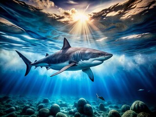 Obraz premium Majestic Shark Gracefully Swimming in Crystal Clear Ocean Waters - Low Light Underwater Photography