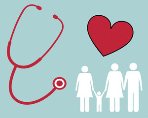 Family Health Insurance Concept: Stethoscope Heart Connecting to Family