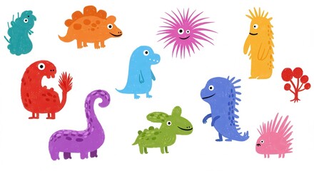 Adorable Cartoon Dinosaurs and Monsters Collection Cute Colorful Prehistoric Creatures Illustration