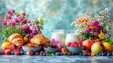 French breakfast on light blue background: croissants, coffee, jam, butter, fruit, and milk in cups. Stylish table styling with flowers for healthy eating concepts.