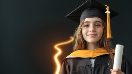 A smiling graduate in a cap and gown holds a diploma, radiating joy and accomplishment with a glowing effect behind her.