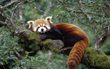 Obraz premium Red panda resting on a moss-covered tree branch in a lush green forest. The panda's reddish-brown fur contrasts with the green foliage. Natural light illuminates the scene