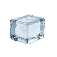 A clear ice cube with water droplets on a transparent background.