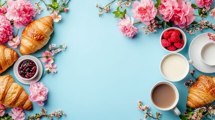 French breakfast essentials on light blue background: croissants, coffee, jam, butter, fruit, and milk in cups. Flowers add elegance to this healthy morning table setting.
