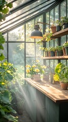 Sunlit Greenhouse Plants with Potted Flowers.