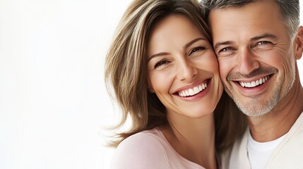 Smiling middle-aged couple with perfect teeth in close-up portrait on white background, ideal for dental healthcare advertising and aesthetic treatment promotion concepts.