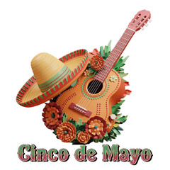 Fototapeta premium Cinco de Mayo celebration with a festive guitar, sombrero, and colorful floral decorations, isolated on transparent background