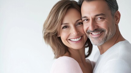 Smiling middle-aged couple with perfect teeth in close-up portrait on white background, ideal for dental healthcare advertising and aesthetic treatment promotion concepts.