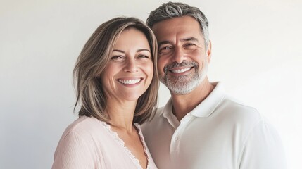 Smiling middle-aged couple with perfect teeth in close-up portrait on white background, ideal for dental healthcare advertising and aesthetic treatment promotion concepts.